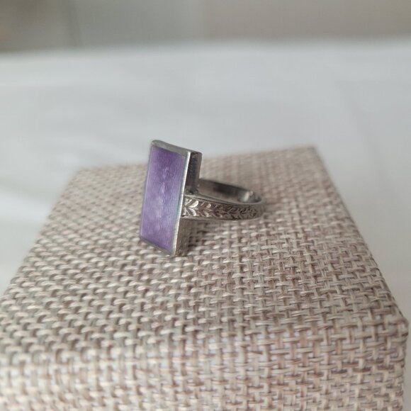 Vintage Art Deco Purple Signet Ring Sterling Silver Guilloche Ostby Barton - Picture 6 of 14